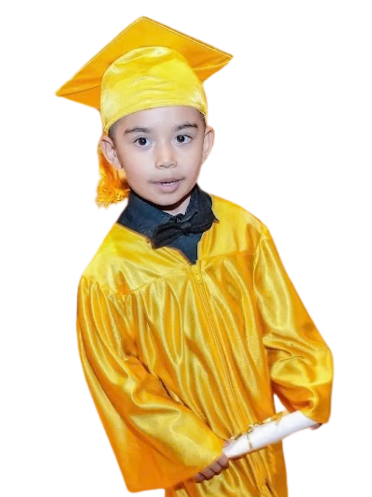 A young graduate in a gold cap and gown