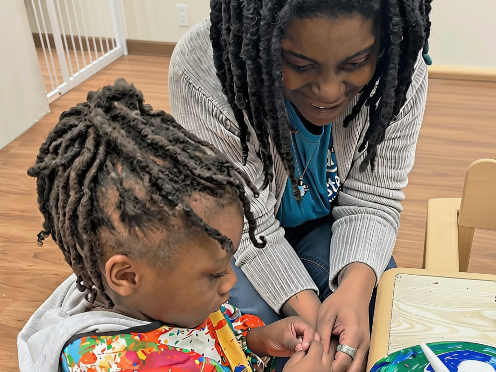 An EarlystART teacher guides a child through an art project